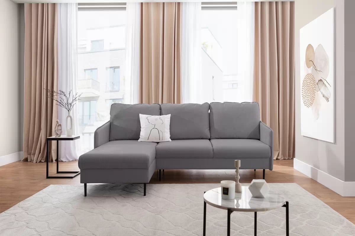 Rozkladacia rohová sedačka Taila Mini ľavá - šedá pletenina Loft 19 / čierne nožičky Rohová sedacia súprava s funkciou spania Taila Mini Ľavá strana - šedá plecionka Loft 19, čierny nožičky