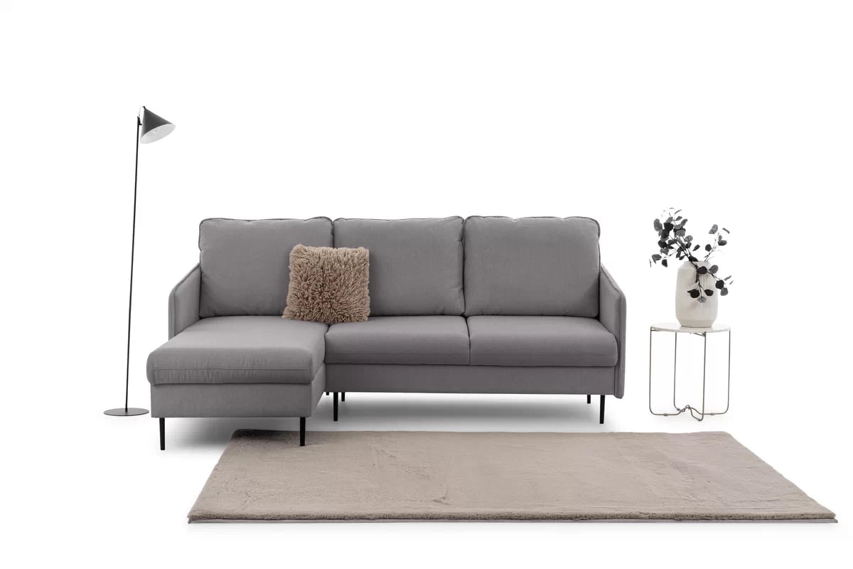 Rozkladacia rohová sedačka Taila Mini ľavá - šedá pletenina Loft 19 / čierne nožičky Rohová sedacia súprava s funkciou spania Taila Mini Ľavá strana - šedá plecionka Loft 19, čierny nožičky