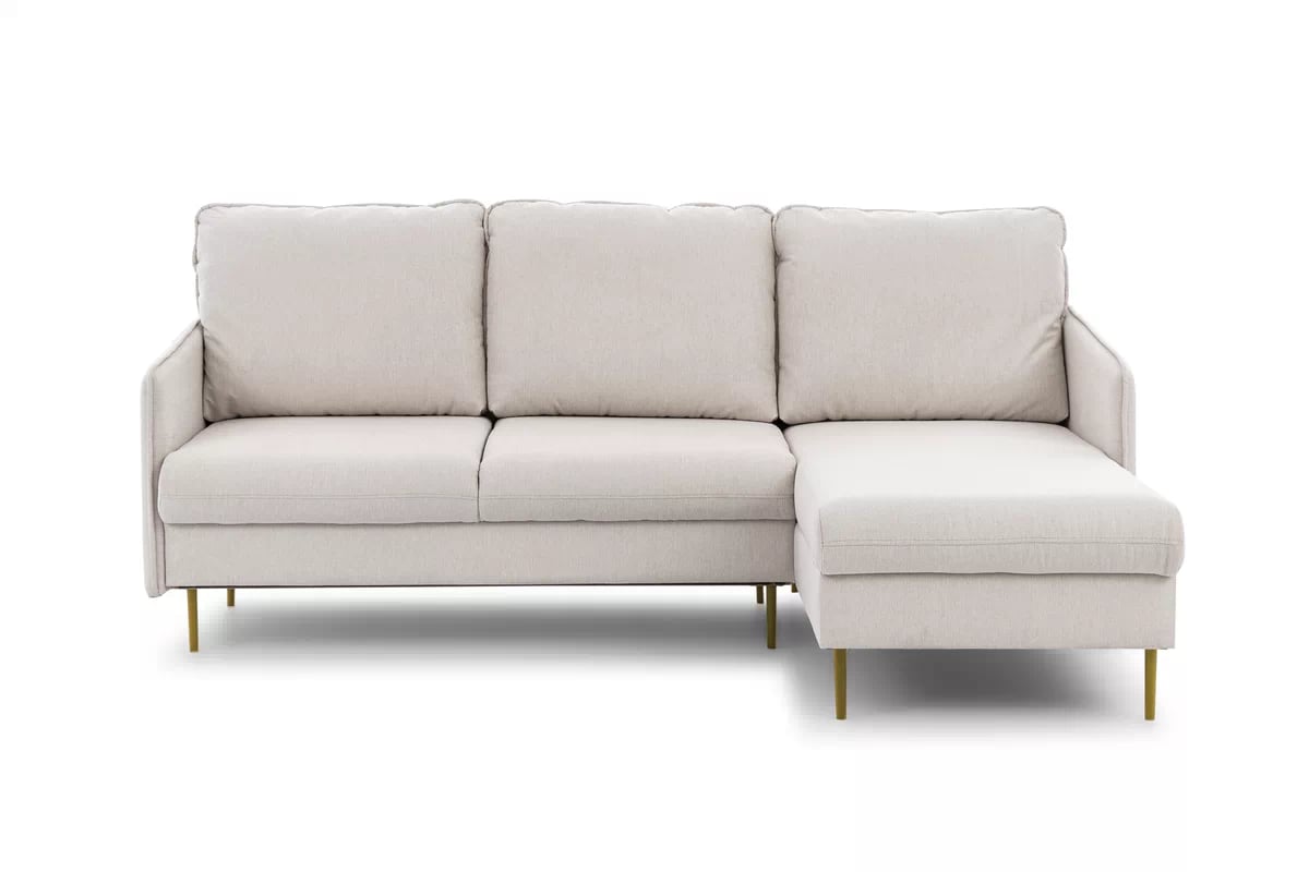 Rozkládací rohová sedací souprava Taila Mini pravá - béžová Loft 01 / zlaté nožky Rohová sedací souprava rozkládací Taila Mini pravá - béžová plecionka Loft 01, zlaté Nohy