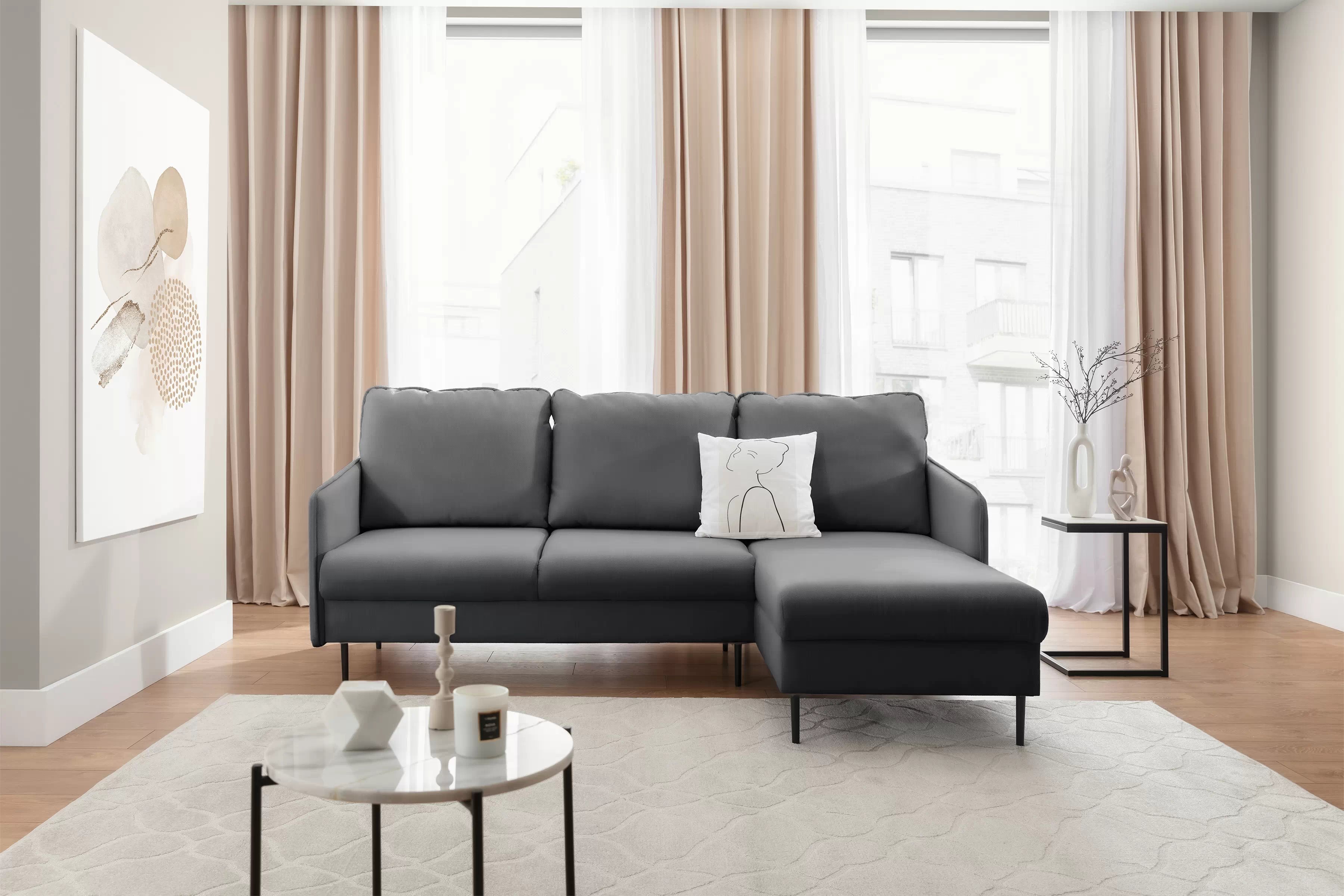 Rozkladacia rohová sedačka Taila Mini pravá - šedý zamat Velluto 18 / čierne nožičky Rohová sedacia súprava s funkciou spánku Taila Mini pravá strana - šedý velúr Velluto 18 / čierny nožičky