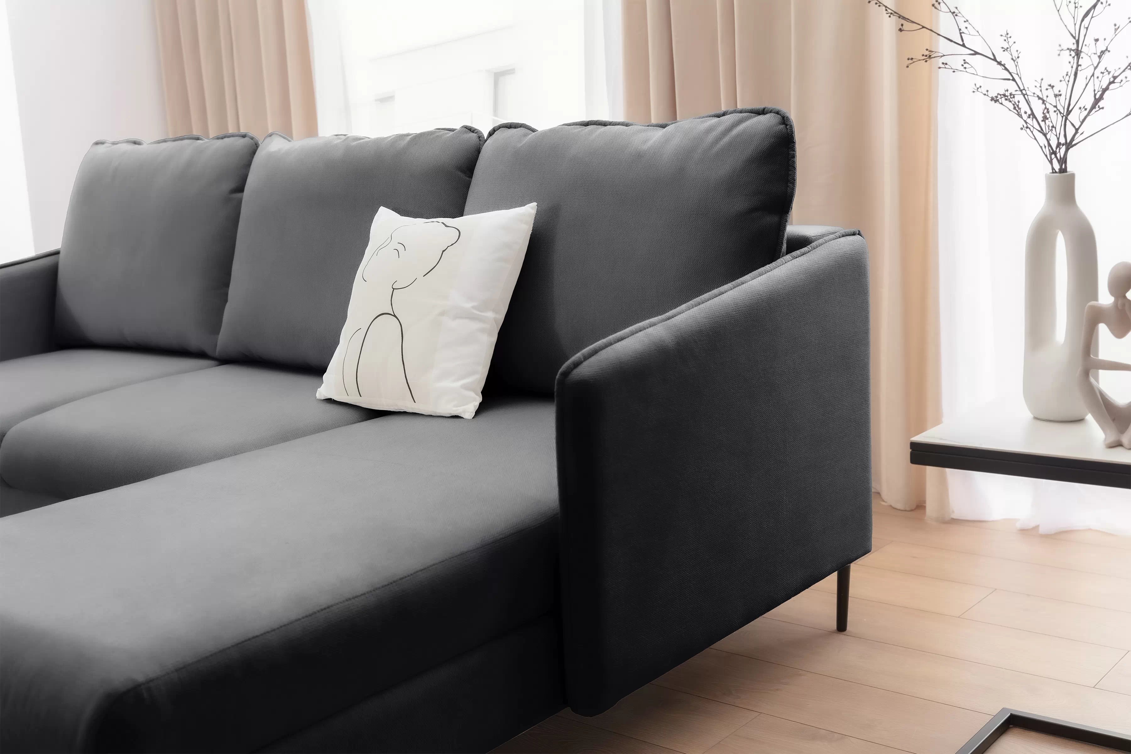 Rozkladacia rohová sedačka Taila Mini pravá - šedý zamat Velluto 18 / čierne nožičky Rohová sedacia súprava s funkciou spánku Taila Mini pravá strana - šedý velúr Velluto 18 / čierny nožičky