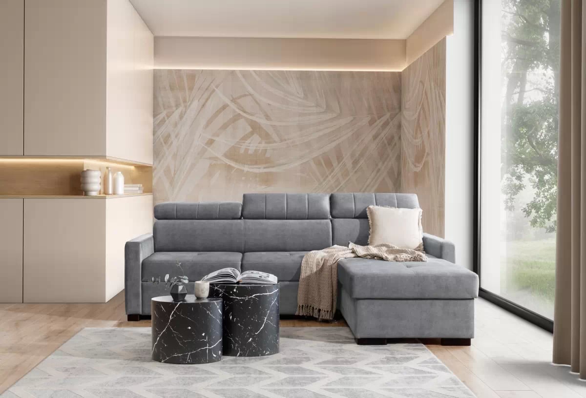 Rozkládací rohová sedací souprava Taremo Mini - šedá Cloud 82 Rohová sedací souprava rozkládací Taremo Mini uniwersalny pravý/Levá - šedá welwet Cloud 82