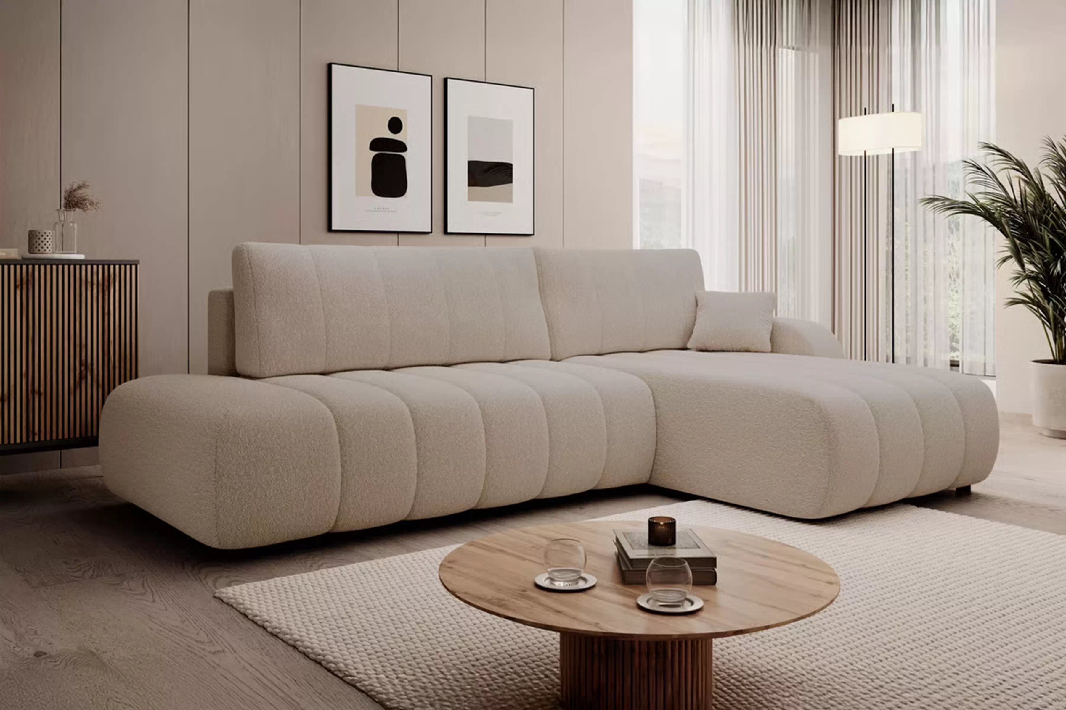 Rohová pohovka s rozkladom Zelio pravostranná - svetlý béžový bouclé Lambi 8 Rohová sedacia súprava s funkciou spánku Zelio pravá strana - svetlý Béžová boucle Lambi 8