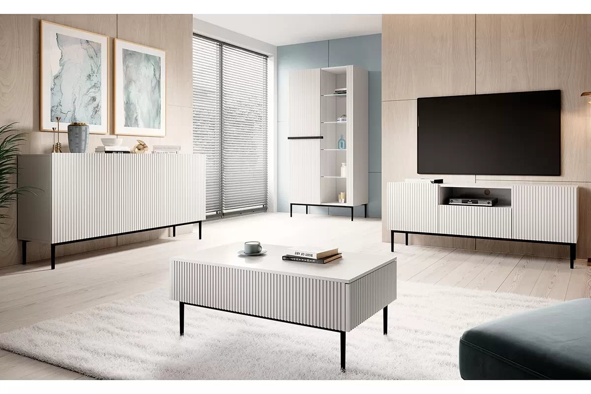 TV stolek Nicole 150 cm s výklenkem - bílý mat / černé nožky Skříňka pro pokoje dziennego