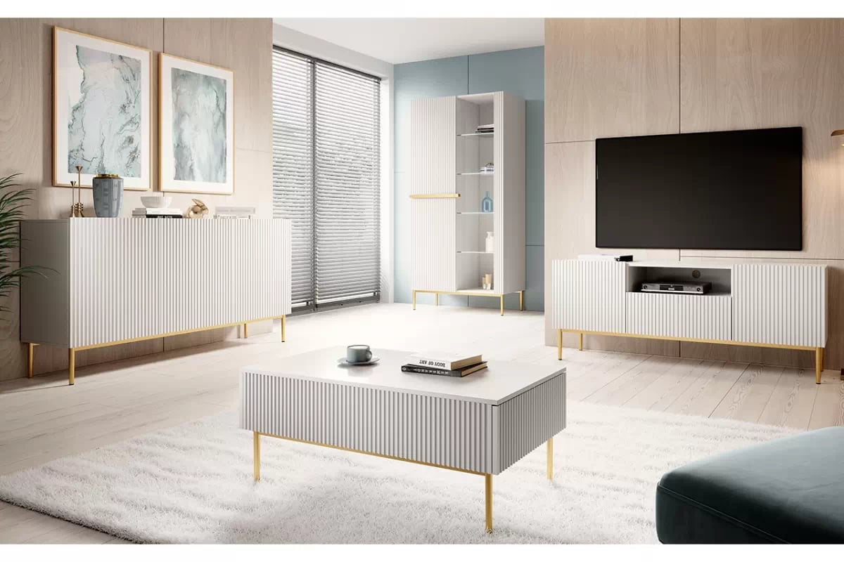 Komoda Nicole 150 cm - biely mat / zlatá Komoda frezowana