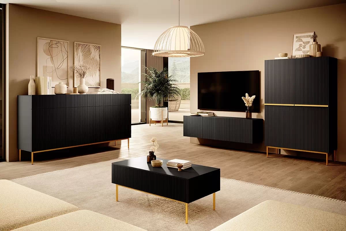 Vysoká komoda Nicole 100 cm - černý mat / zlaté nožky vysoký kredenc