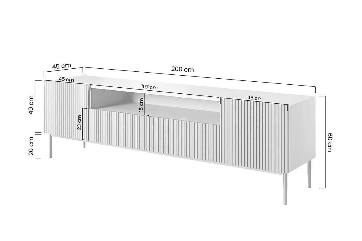 TV stolík Nicole 200 cm s otvorenou policou a zásuvkami - biely mat / čierne nohy Skrinka