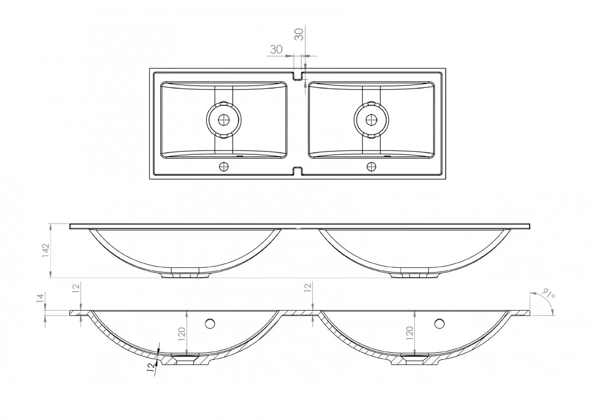 Zapustné umývadlo Nicole 120 cm Umývadlo wpuszczana do szafkek lazienkowych Nicole 120 cm - Rozmery 1