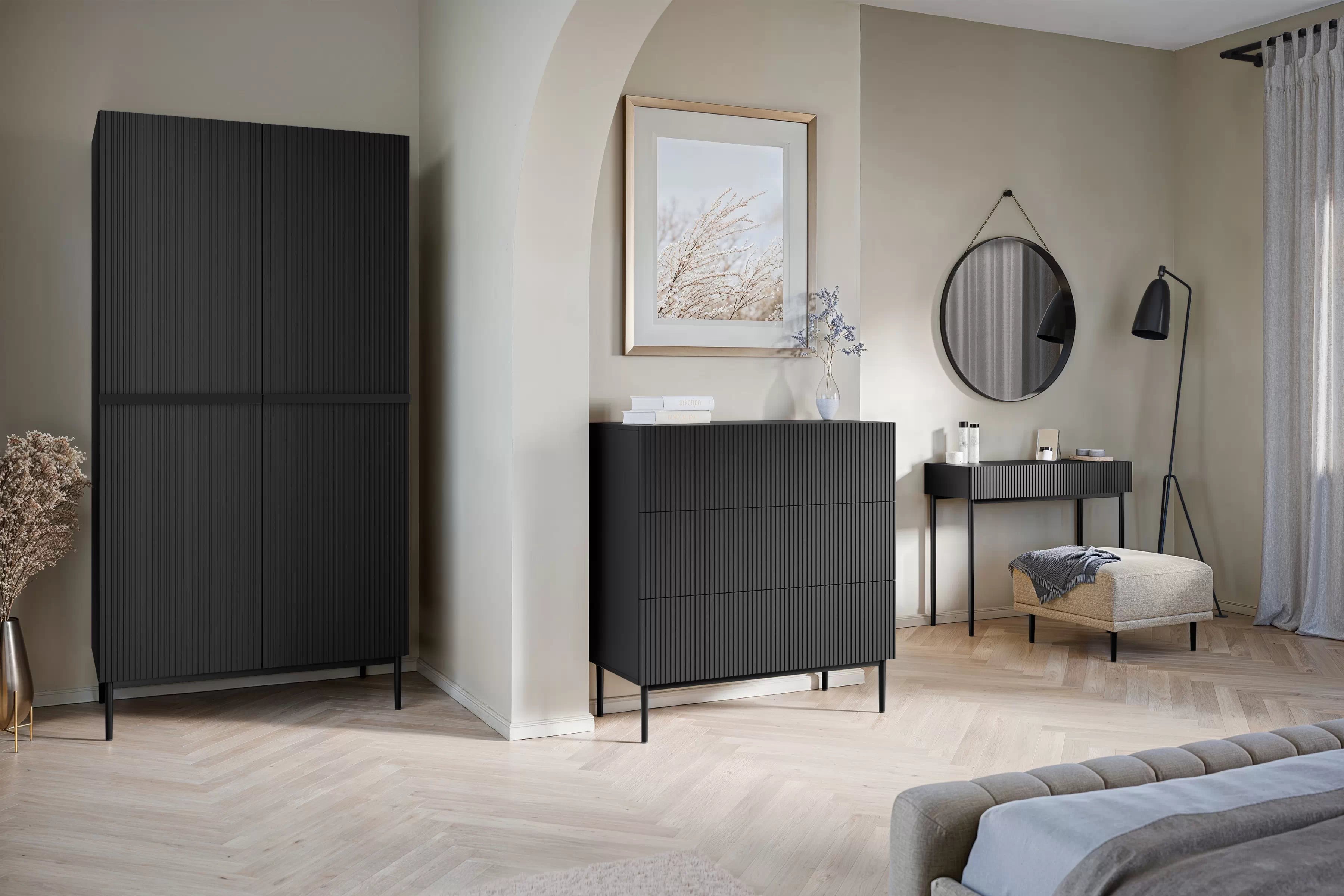 Moderný písací stôl Nicole - čierny mat / čierne nožičky moderná Konzolový stolík / Toaletný Stolík Nicole so zásuvkami 100 cm - Čierny mat / čierny nozki