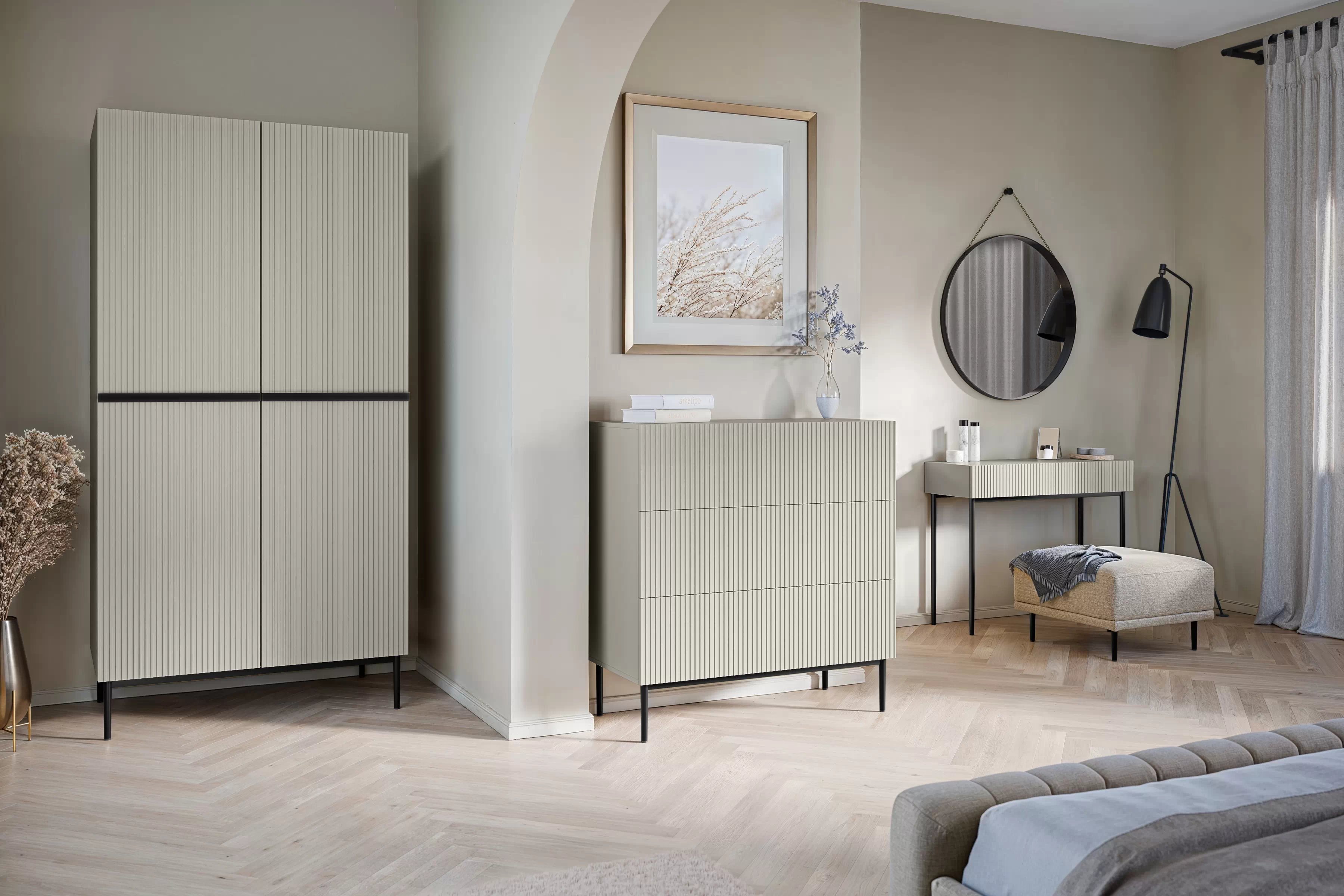 Moderný písací stôl Nicole - kašmírová / čierne nožičky moderná Konzolový stolík / Toaletný Stolík Nicole so zásuvkami 100 cm - kašmír / čierny nozki