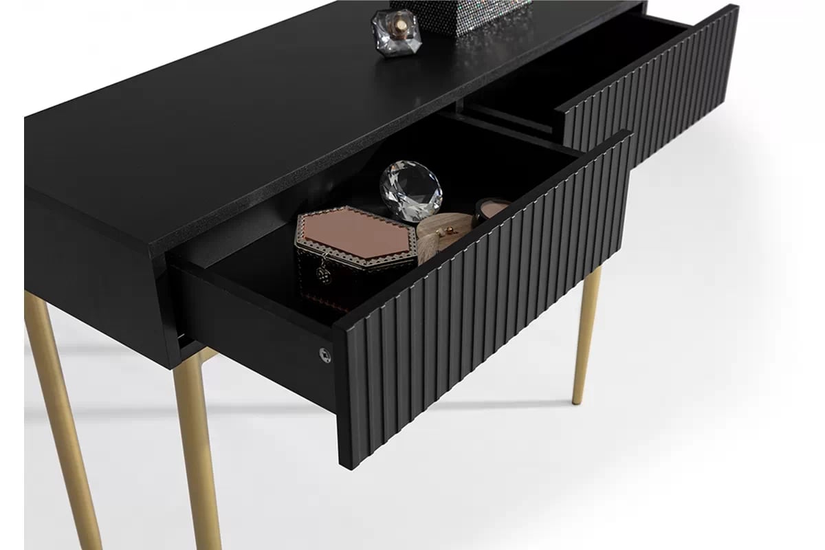 Toaletní stolek Nicole 100 cm se zásuvkami - černý mat / zlaté nohy moderní konzole / Toaletní stolek se zásuvkami Nicole 100 cm - černá mat / zlaté nozki