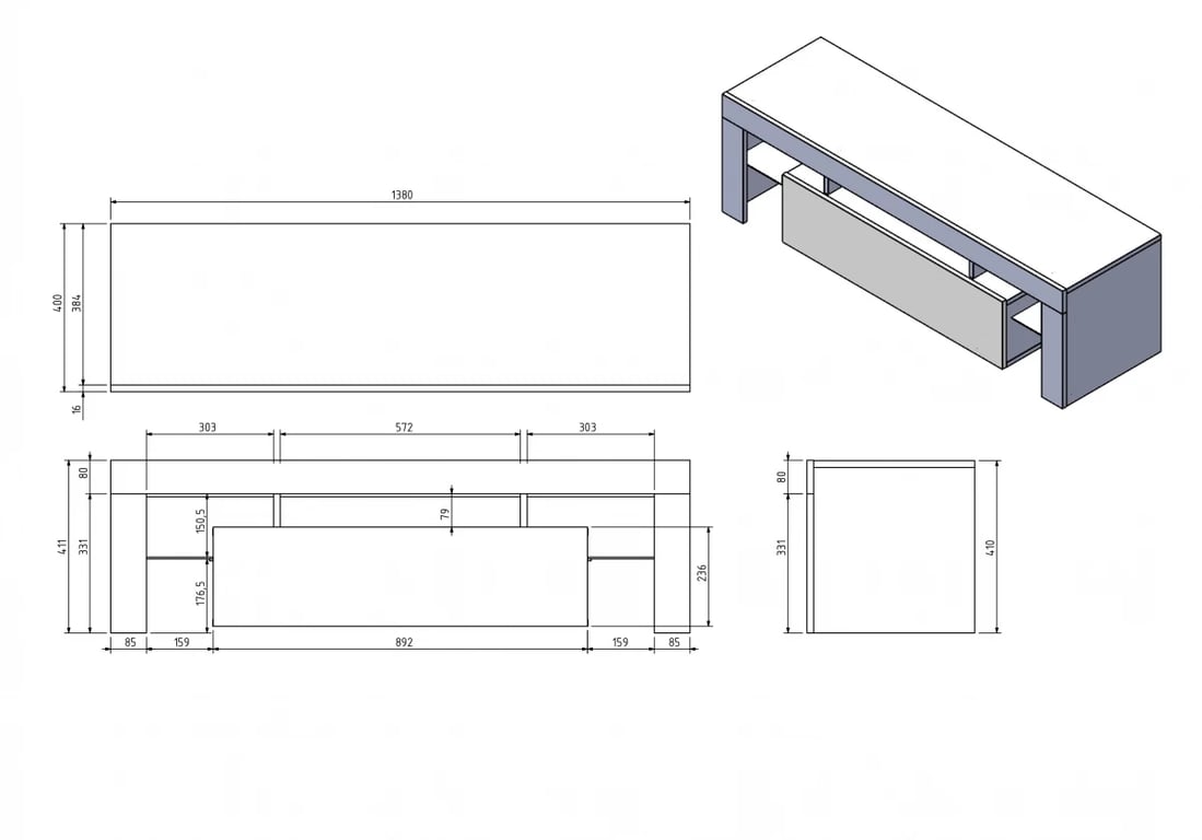 TV stolek Vera 138 cm - dub artisan moderní Skříňka tv Vera 138 cm - Rozměry