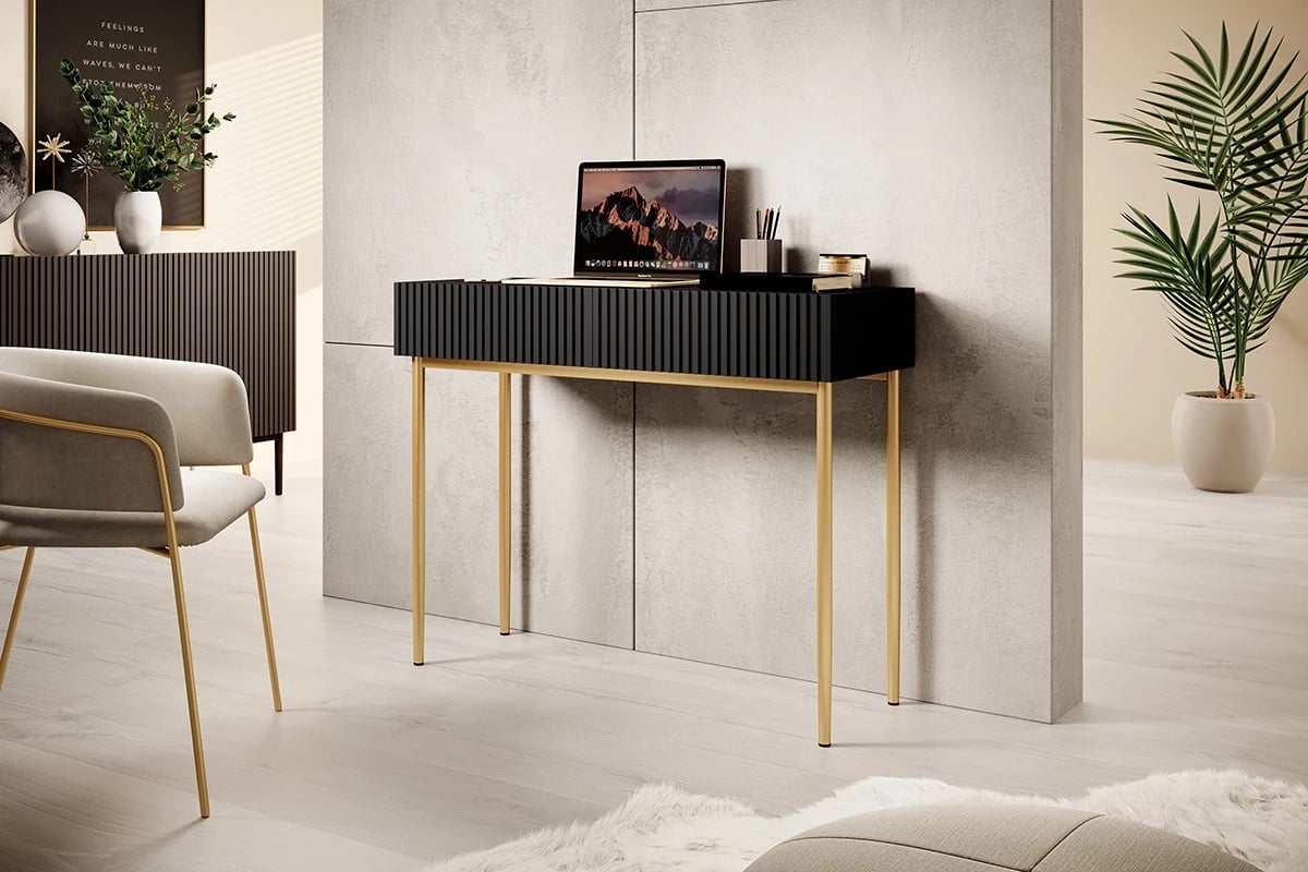 Moderný písací stôl Nicole - čierny mat / zlaté nožičky Moderný písací stôl na zlatých nožičkách