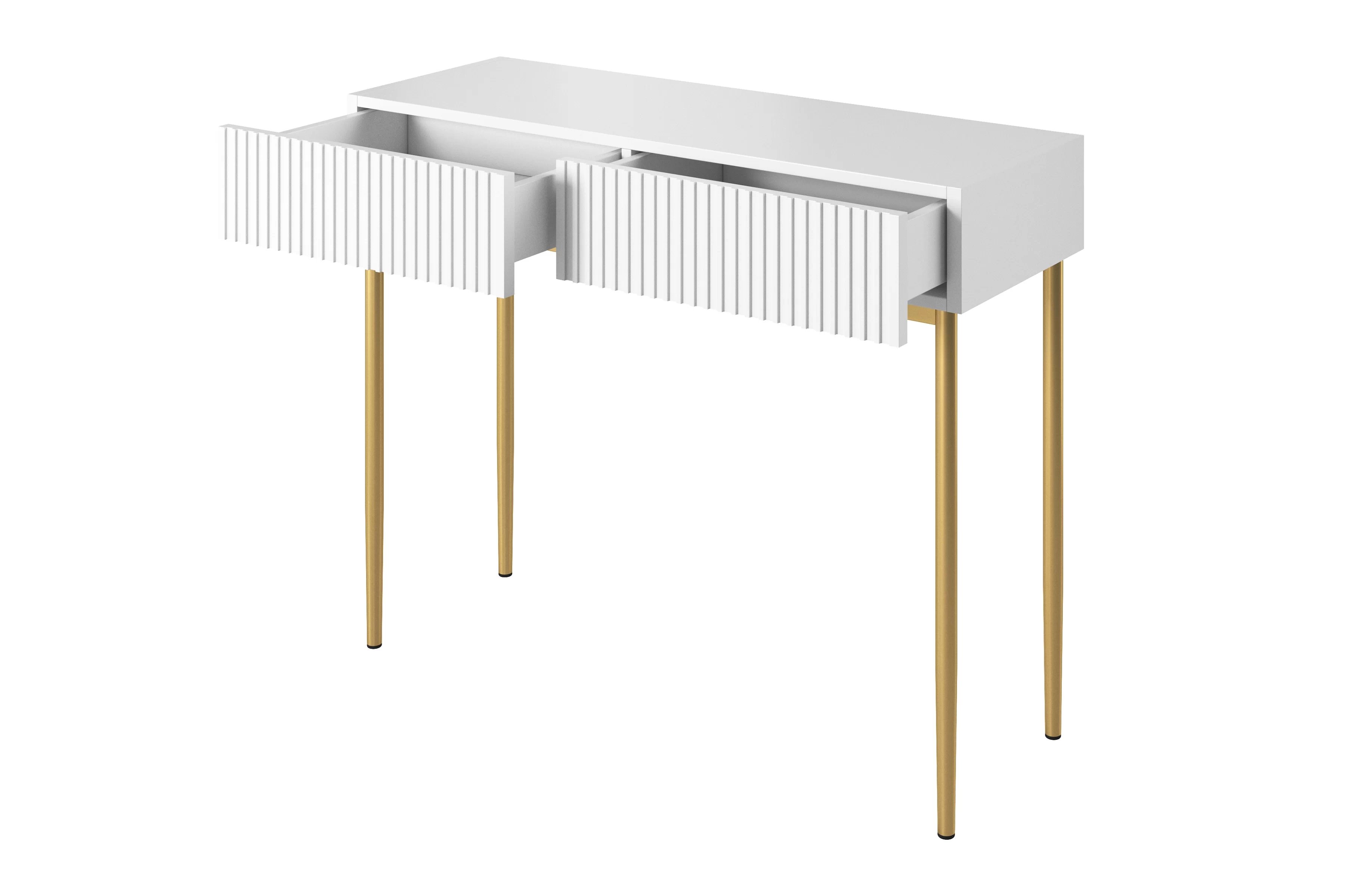 Moderný písací stôl Nicole - biely mat / zlaté nožičky moderné Písací stôl Nicole 100 cm so zásuvkami i metalowymi nogami- biely mat / zlote nozki
