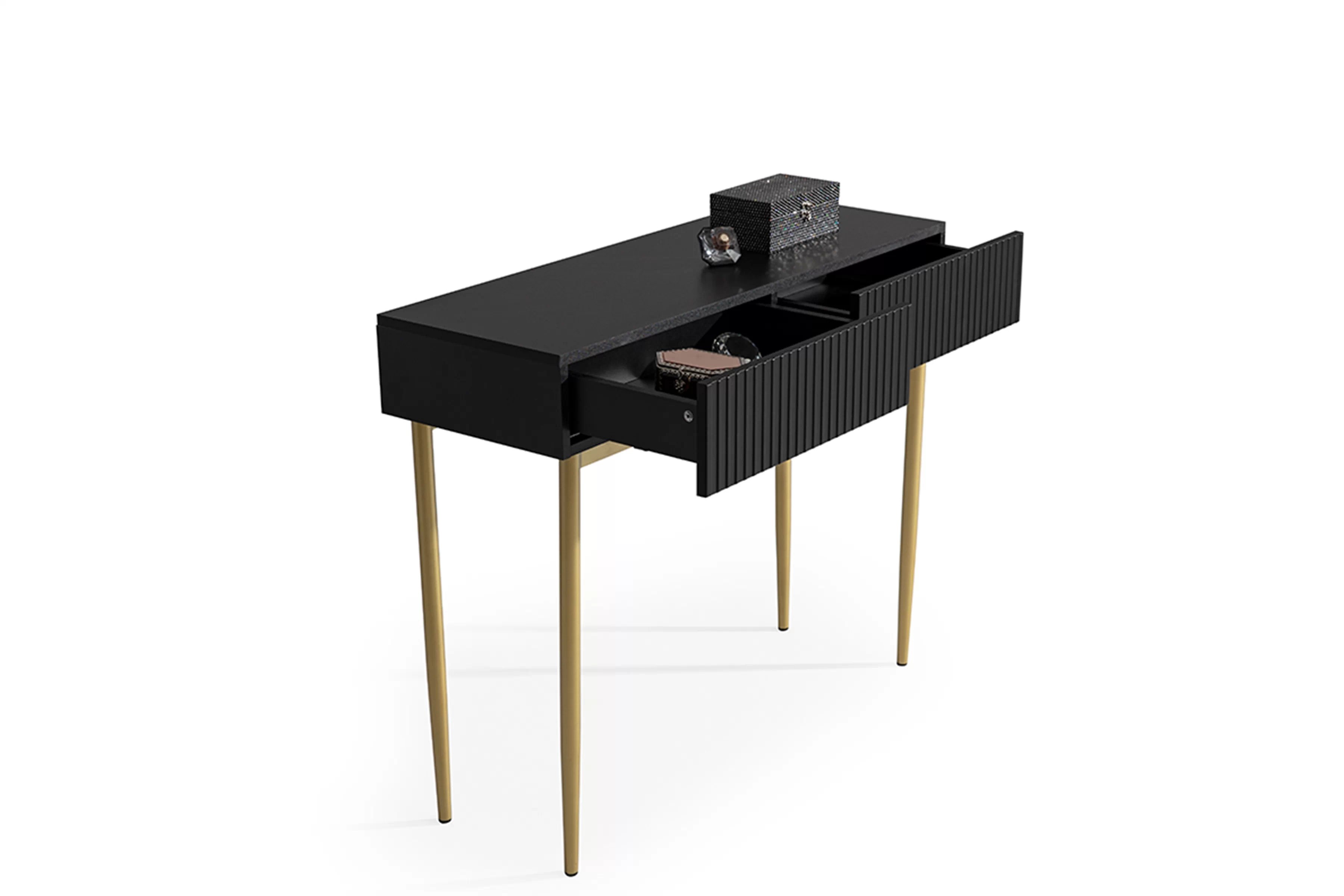 Moderný písací stôl Nicole - čierny mat / zlaté nožičky moderné Písací stôl Nicole 100 cm so zásuvkami i metalowymi nogami- Čierny mat / zlote nozki