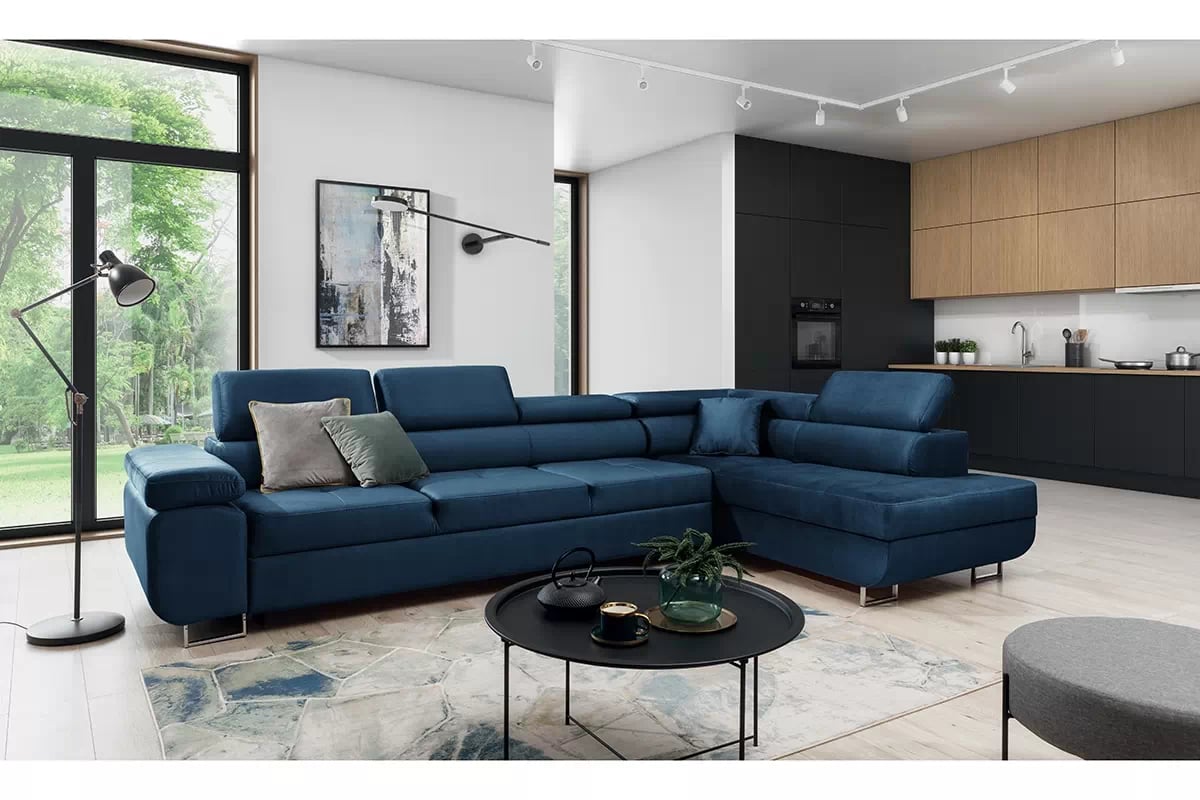 Rozkladacia rohová sedačka Annabelle Maxi pravá - tmavomodrý Monolith 77 / chrómové nožičky Rohová sedacia súprava Annabelle Maxi