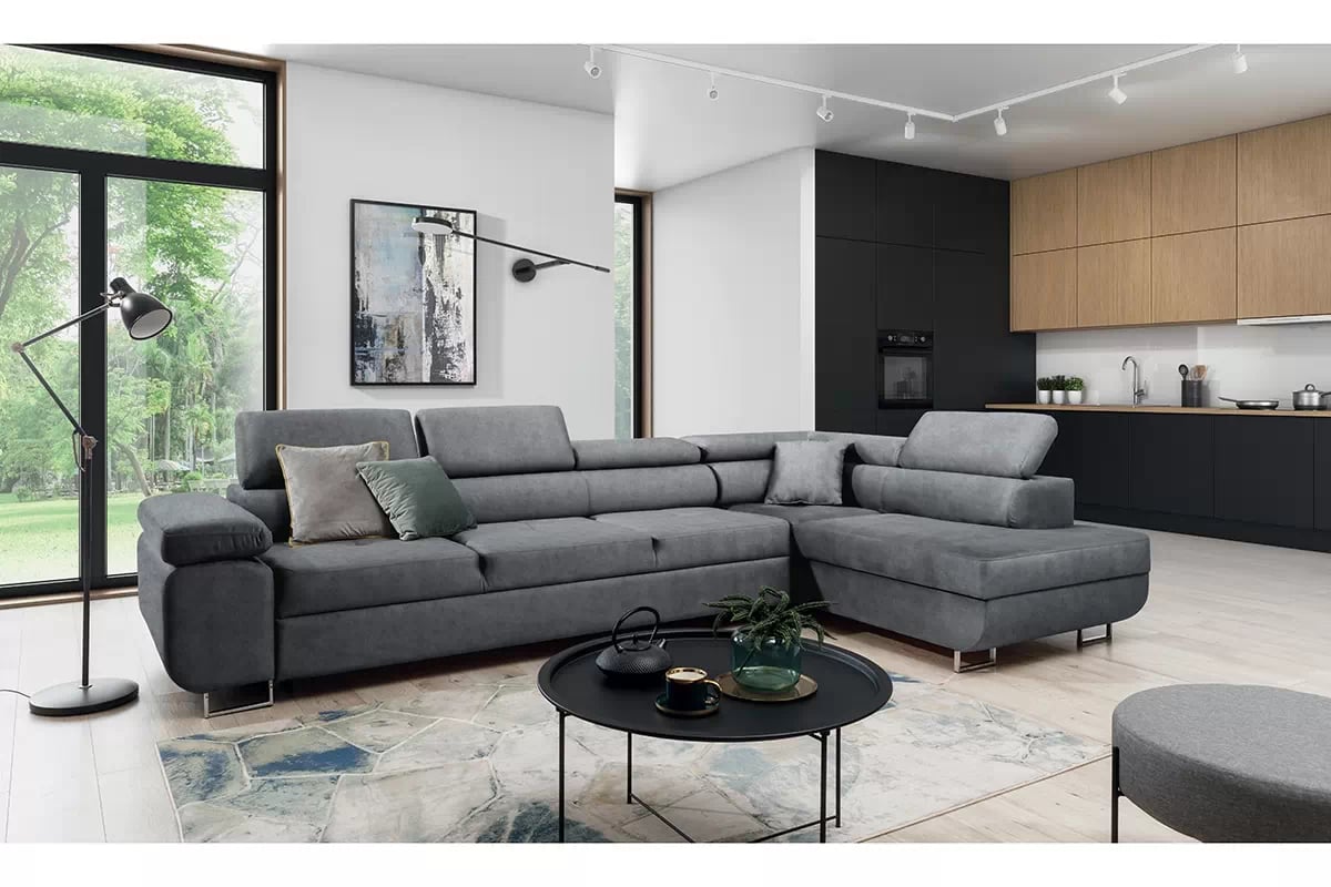 Rozkládací rohová sedací souprava Annabelle Maxi pravá - grafitová Zetta 304 / chromované nožky Rohová sedací souprava Annabelle Maxi Aranzacja