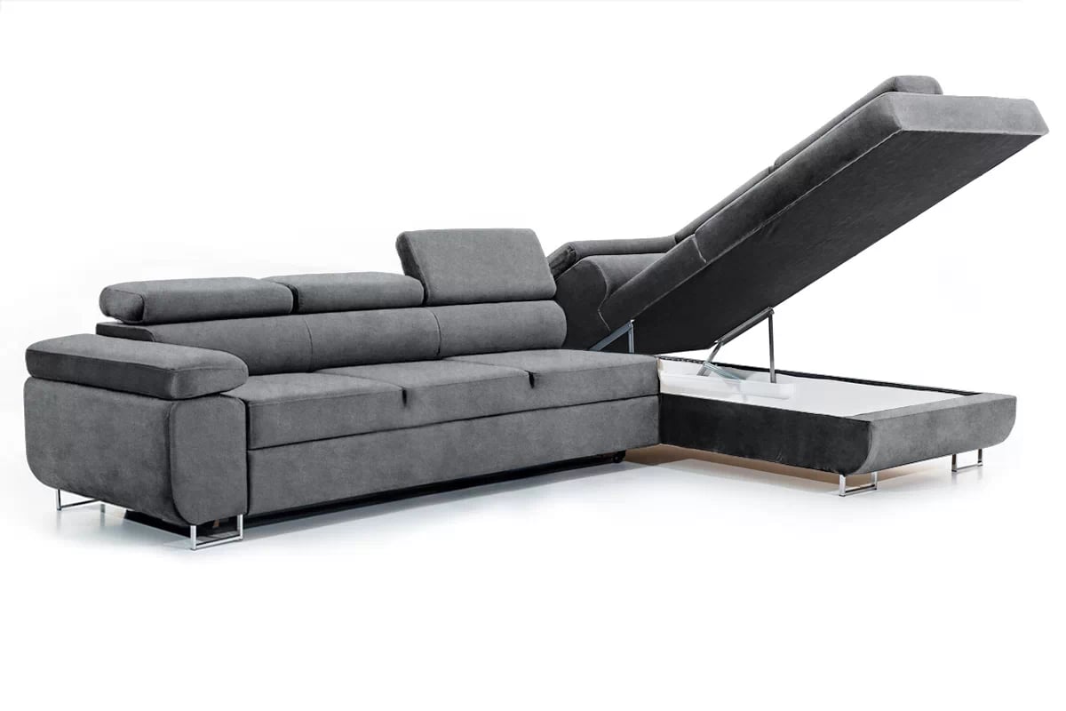 Rozkládací rohová sedací souprava Annabelle Maxi pravá - grafitová Zetta 304 / chromované nožky Rohová sedací souprava Annabelle Maxi