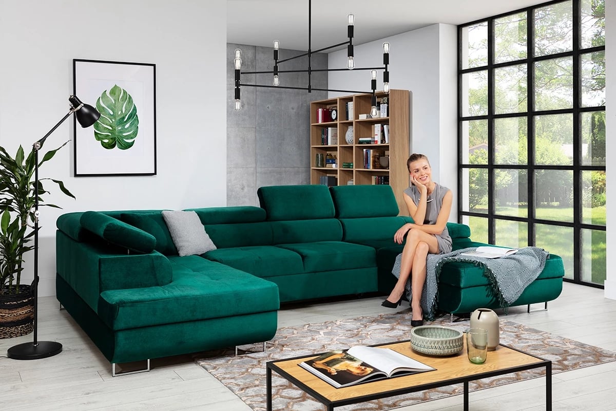 Rozkládací rohová sedací souprava Annabelle U II - chromované nožky Velká, Zelená Rohová sedací souprava 