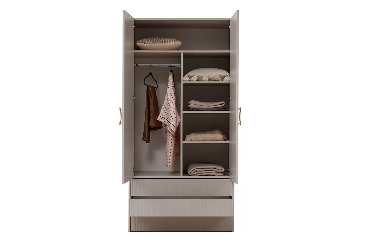 Šatníková skriňa Nubo 100 cm so zásuvkami - kašmírová / zlatá Skriňa kašmír