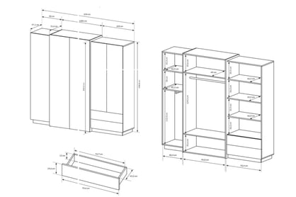 Pětidveřová skříň Numb 230 cm se 2 zásuvkami - bílá / dub craft Pětidveřová skříň Numb z 2 zásuvkami 230 cm - Bílý/Dub craft