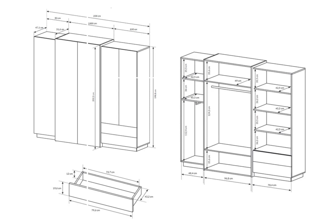 Pětidveřová skříň Numb 230 cm se 2 zásuvkami - bílá / dub craft Pětidveřová skříň Numb z 2 zásuvkami 230 cm - Bílý/Dub craft