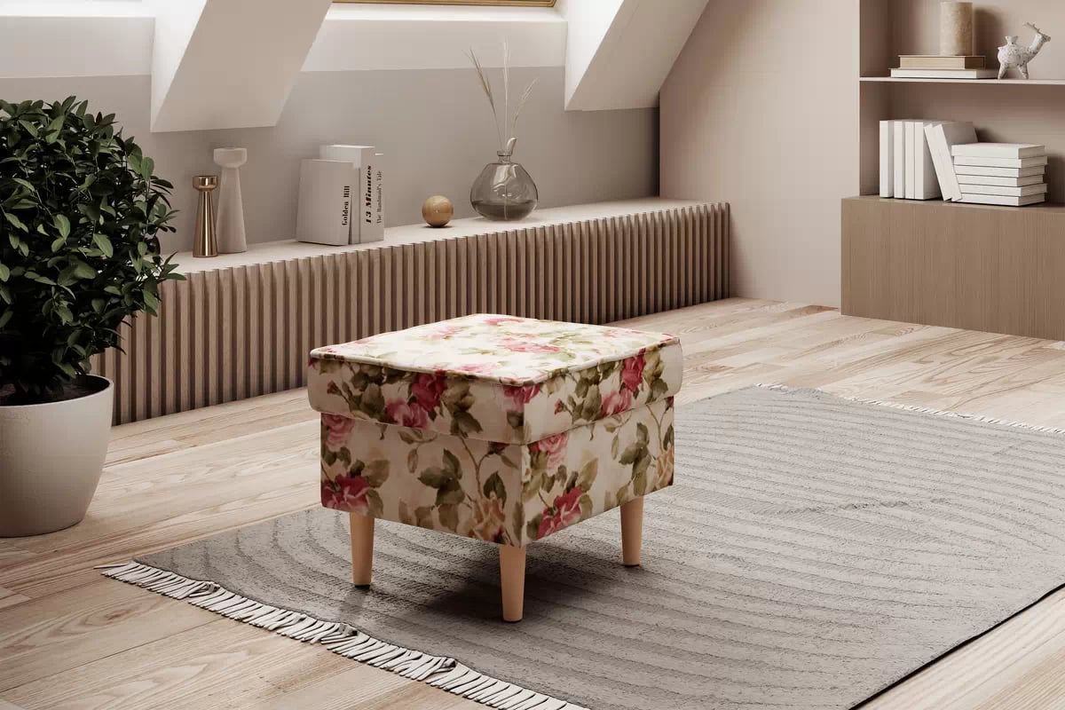 Taburetka Ušiak Vilano - kvetinový vzor Coral WM 82 / drevené nožičky Podnozek do fotela Ušiak Vilano - látka drukowana kvetinový vzor Coral WM-82 / nožičky buk