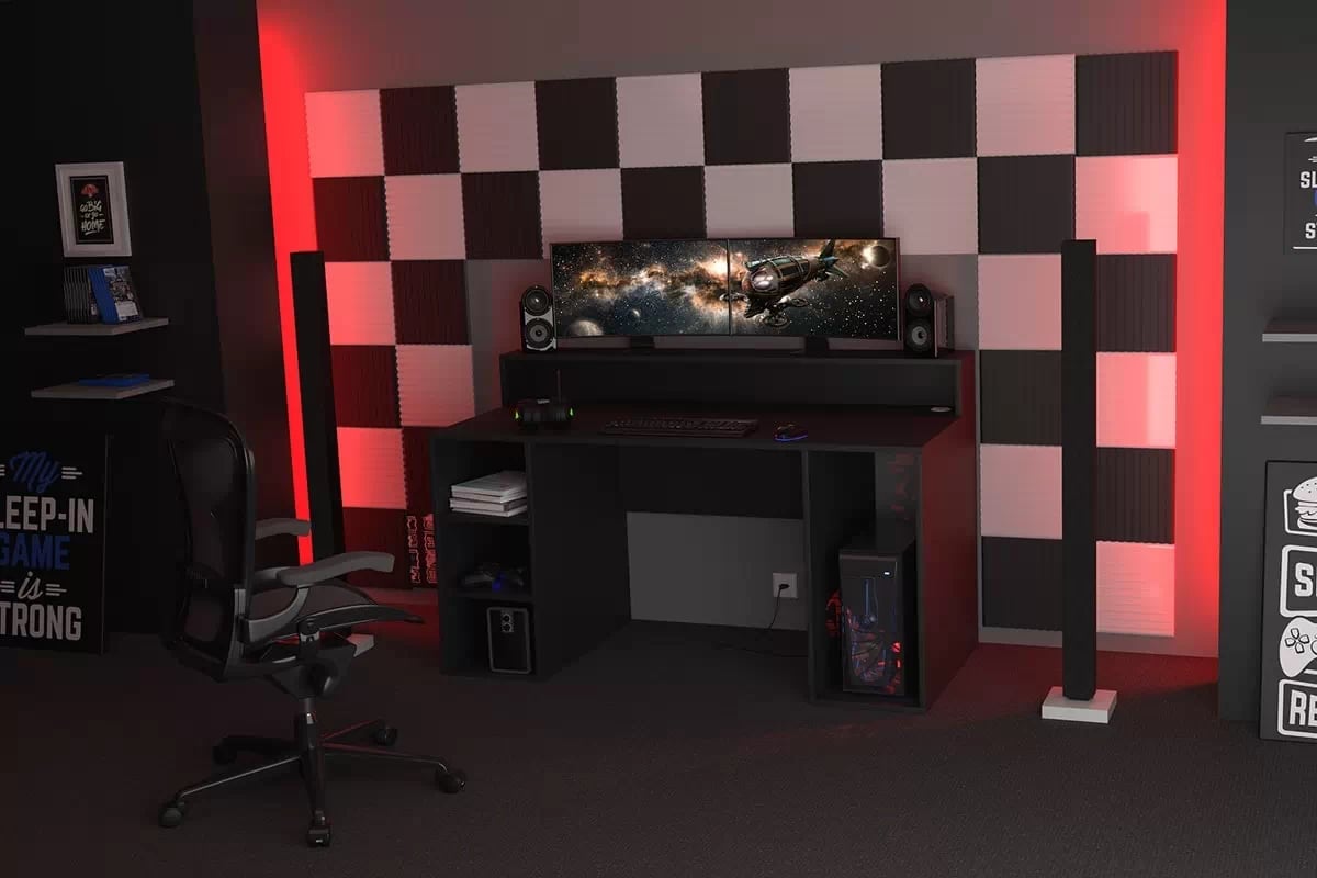 Herní psací stůl Demin s policemi - černý psací stůl gamingowe Demin z policemi - Černý 