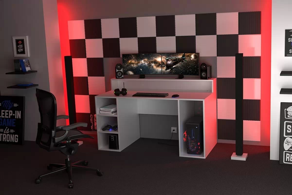 PC stôl Demin s policami 150 cm - biela Písací stôl gamingowe Demin z policami - Biely 