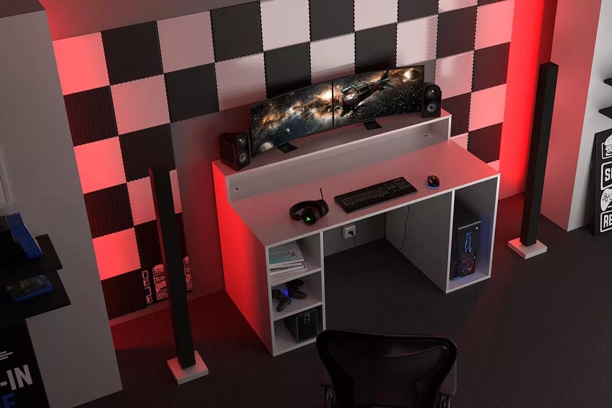 PC stôl Demin s policami 150 cm - biela Písací stôl gamingowe Demin z policami - Biely 