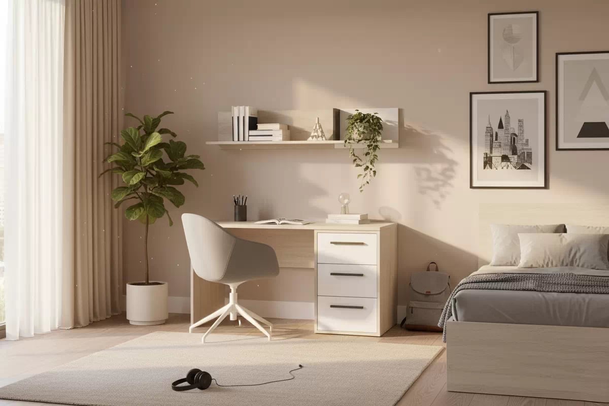 Závesná polica Lumo 13 120 cm do študentskej izby - dub wilton biely / biely lux / antracit Polica závesná Lumo 13 120 cm do izby mlodziezowego - Dub wilton biela / biela lux / Antracytová