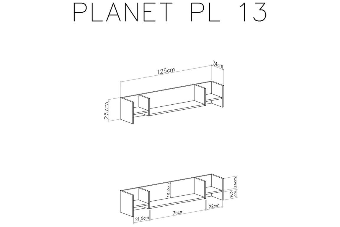 Nástěnná police Planet 13 - 125 cm - bílá lux / dub / mořská Police závěsná Planet 13 - Bílý lux / Dub / Mořský - Rozměry