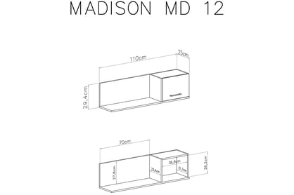 Závěsná police se skříňkou Madison MD12 110 cm - černá / dub piškotový Police závěsná se skříňkou Madison MD12 - Černý / dub piškotový - Rozměry