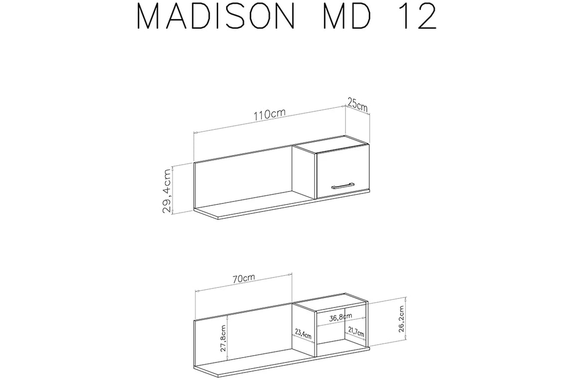 Závěsná police se skříňkou Madison MD12 110 cm - černá / dub piškotový Police závěsná se skříňkou Madison MD12 - Černý / dub piškotový - Rozměry