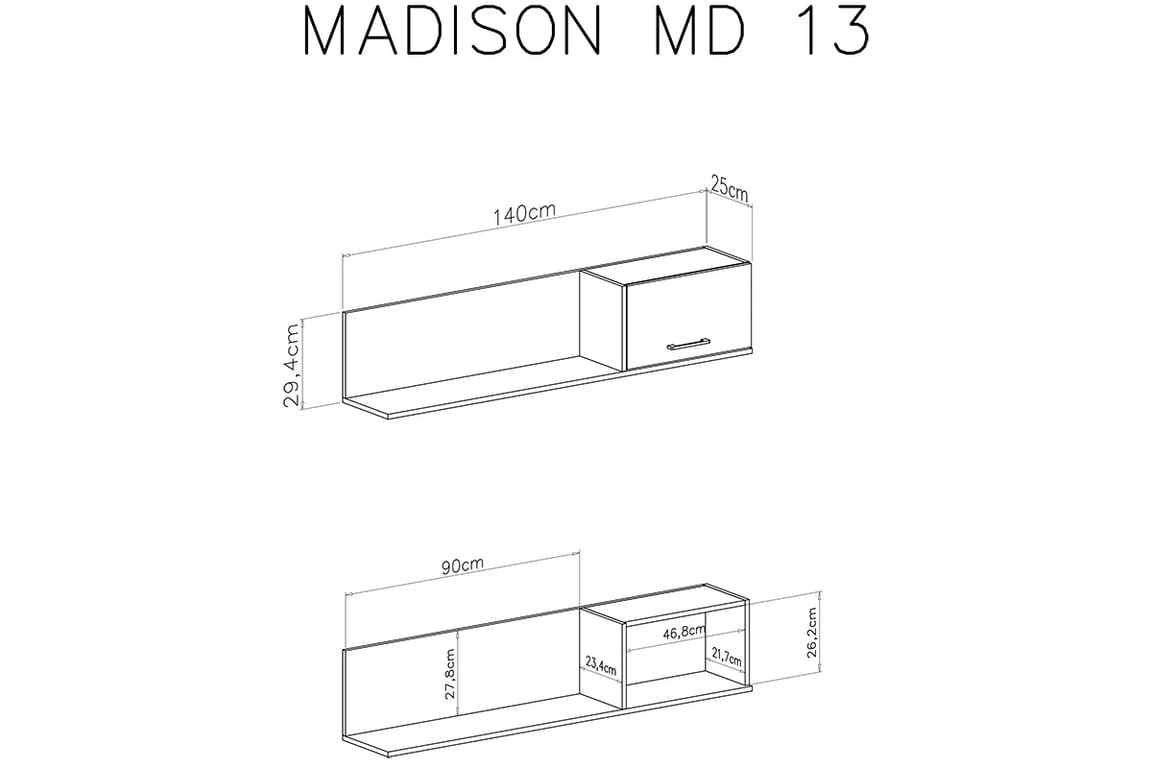 Závěsná police se skříňkou Madison MD13 140 cm - černá / dub piškotový Police závěsná se skříňkou Madison MD13 - Černý / dub piškotový - Rozměry