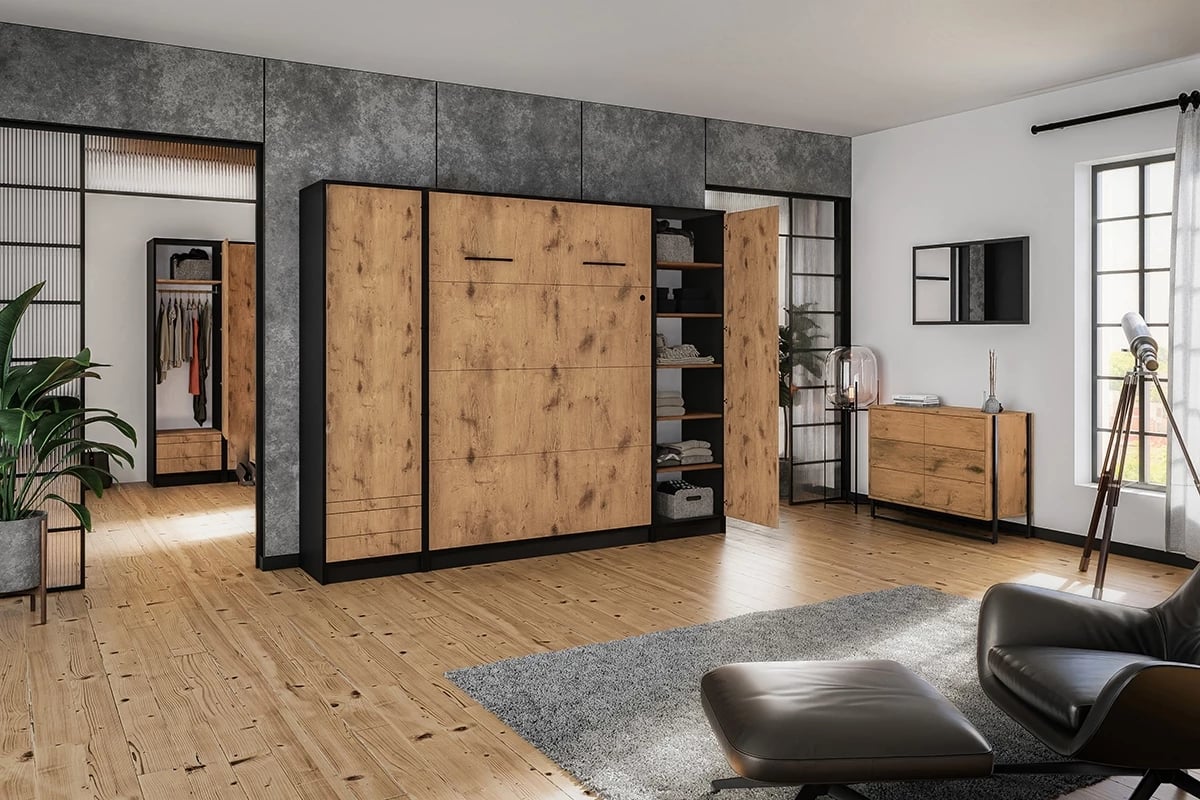 Vertikálna sklápacia posteľ Modern 160x200 cm - čierny loft / dub lancelot Moderný komplet nábytku do spálne
