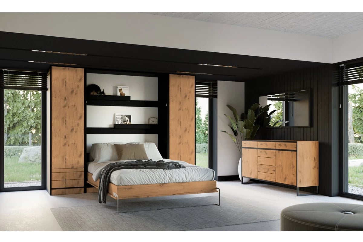 Vertikální sklápěcí postel Loft Basic New Elegance 90x200 cm - černá / dub lancelot sklápěcí postel loft s komodou