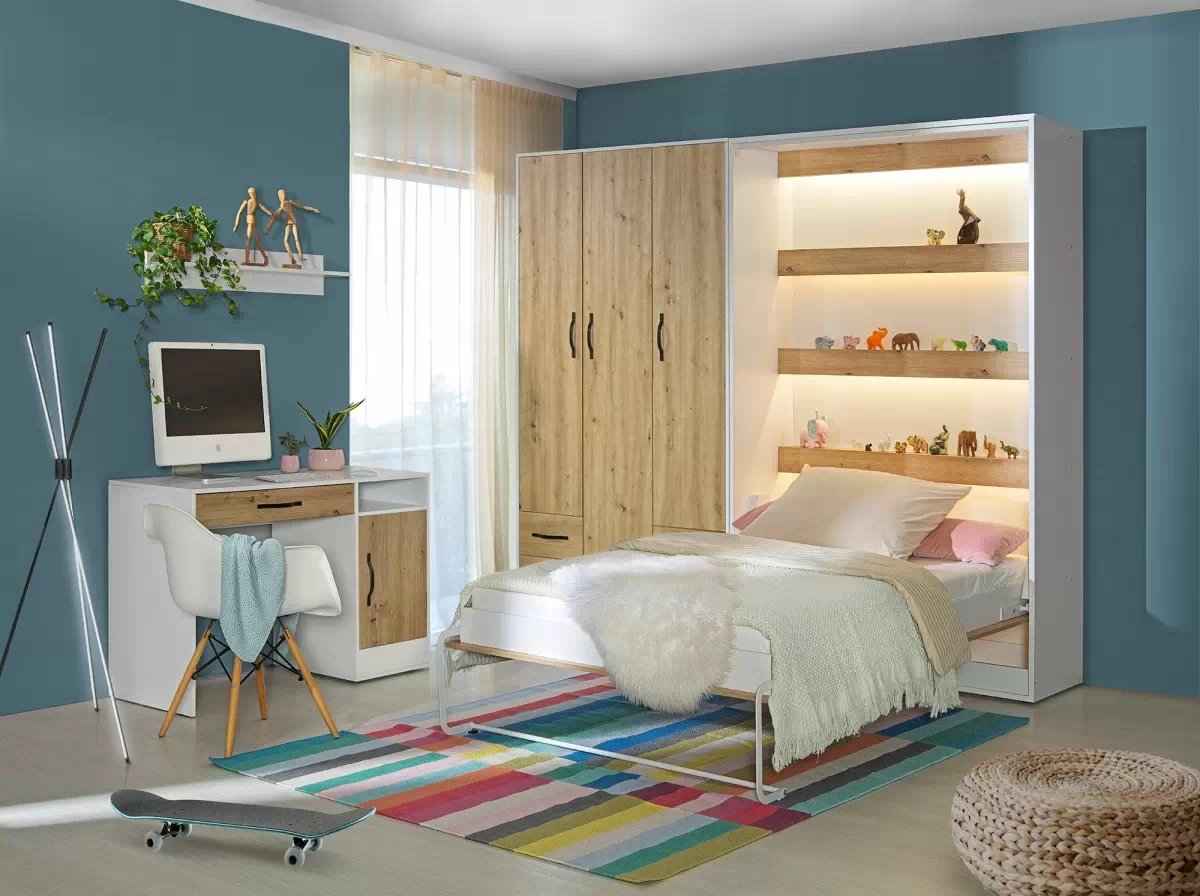 Sklápacia posteľ Lomaro V - 140x200 cm - dub artisan / biela / čierna úchytka Polkotapczan vertikálny Lomaro 140x200 - Dub artisan / Úchytka Čierny 