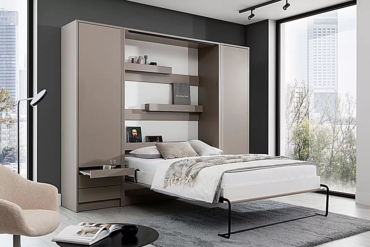 Vertikálna sklápacia posteľ Genius 140x200 s písacím stolom - congo / kašmír Sklápacia posteľ s písacím stolom .