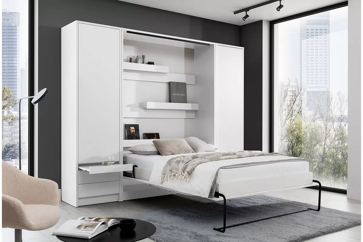 Vertikálna sklápacia posteľ Genius 140x200 s písacím stolom - biely mat Sklápacia posteľ s písacím stolom i szafami