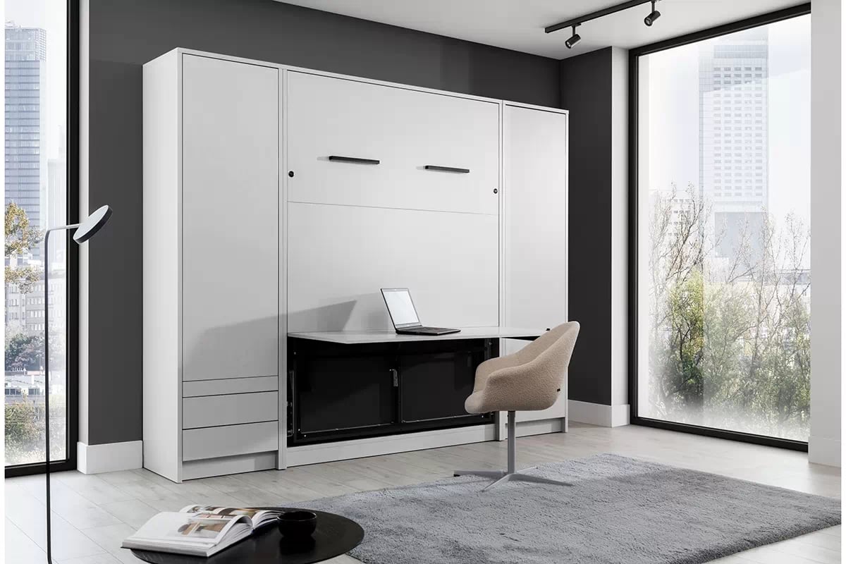 Vertikálna sklápacia posteľ Genius 140x200 s písacím stolom - biely mat Biely Sklápacia posteľ