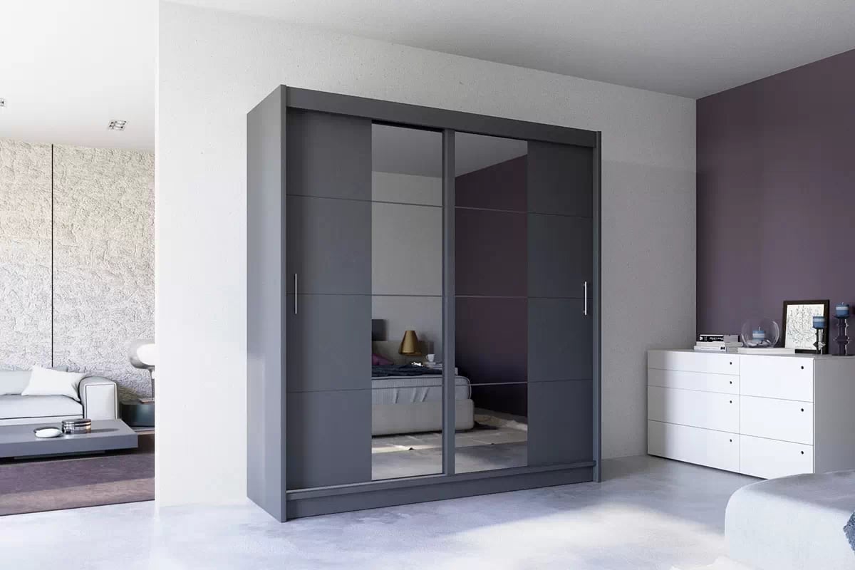 Skriňa s posuvnými dverami Porto 2 203 Grafit/Zrkadlo Skriňa Porto 203 vizualizácia