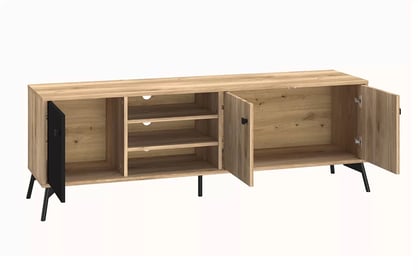 skříňka RTV Verlin 06 na kovových nohách 160 cm - dub castello / černá moderní TV skříňka