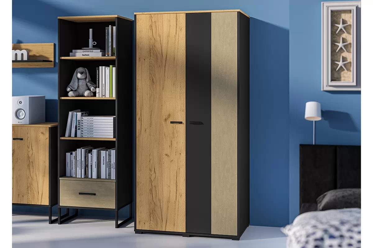 Regál Kawana 03 so zásuvkou 60 cm na kovových nohách - čierny / craft zlaté / oceľ premium Regál z szuflada Colt 03 na kovových nohách 60 cm - Čierny / craft zlaté / oceľ premium - vizualizácia