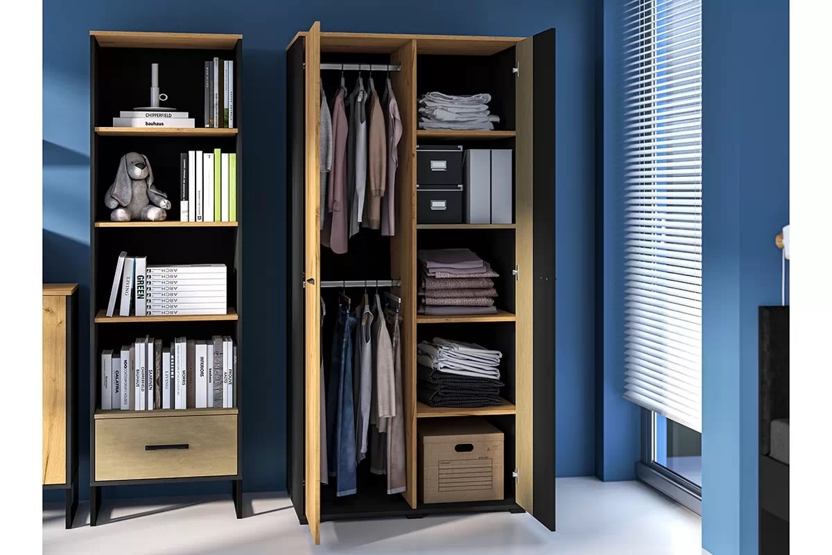 Skříň Kawana do studentského pokoje - černá / dub craft / ocel premium skříň dvoudveřová Colt 02 do pokoje nastolatka - Černý / craft Podstavec / ocel premium - wnetrze z zawartoscia