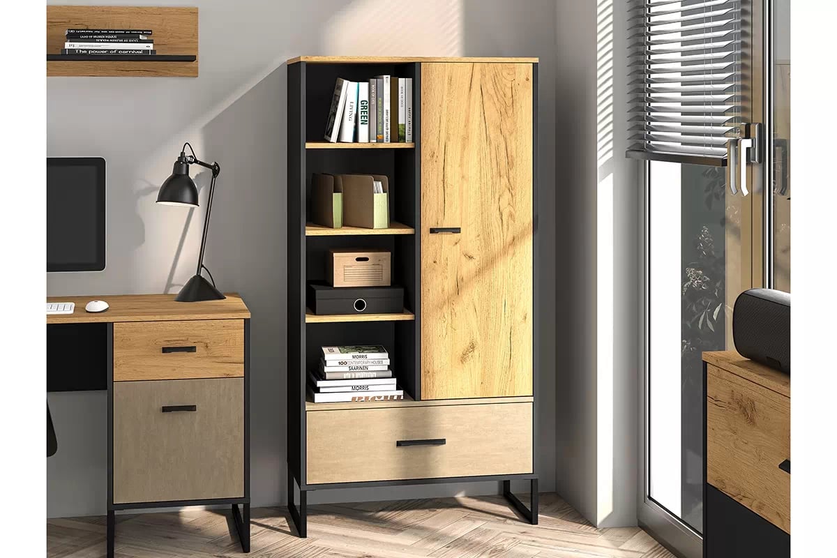 Regál Kawana se zásuvkou na kovové podstavě 80 cm - černá / dub craft / ocel premium Regál z szuflada Colt 04 na kovové podstavě 80 cm - Černý / craft Podstavec / ocel premium - aranzacja