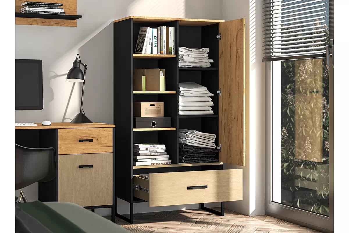 Regál Kawana se zásuvkou na kovové podstavě 80 cm - černá / dub craft / ocel premium Regál z szuflada Colt 04 na kovové podstavě 80 cm - Černý / craft Podstavec / ocel premium - wnetrze z wypelneniem