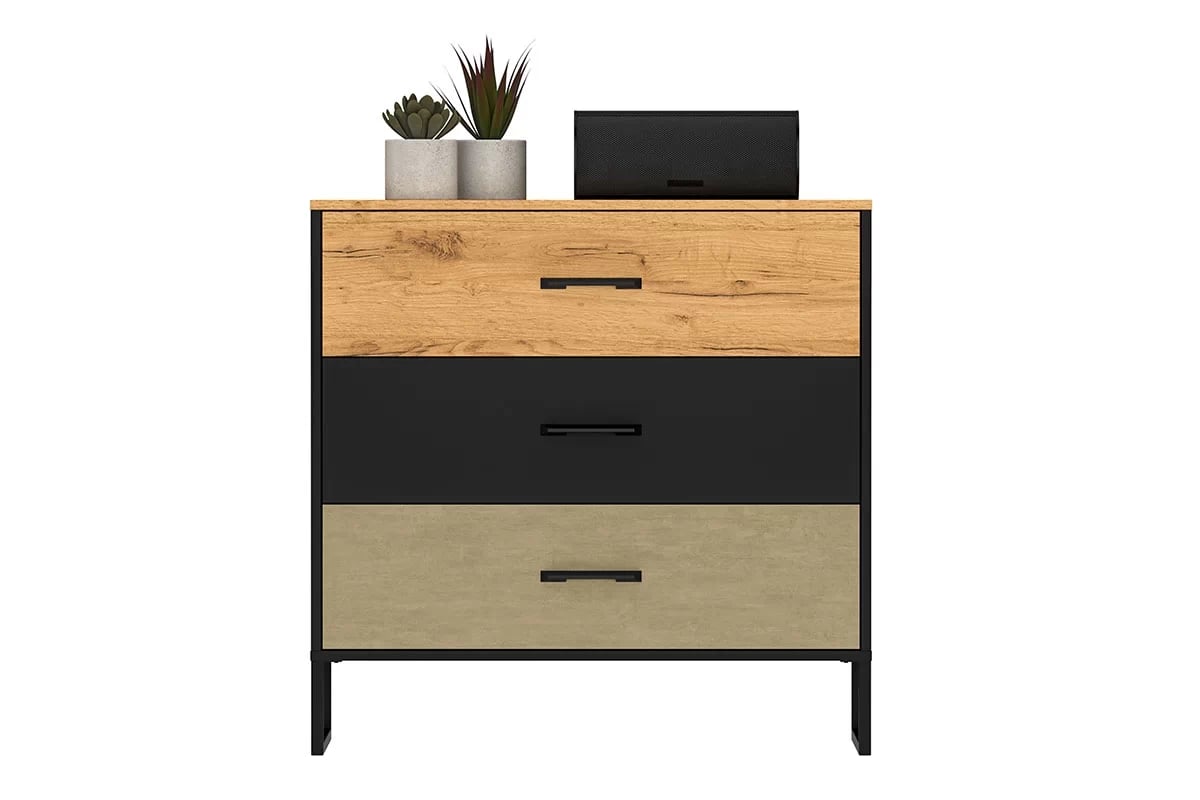 Komoda Kawana se zásuvkami na kovové podstavě - černá / dub craft / ocel premium Komoda s zásuvkami Colt 05 na kovové podstavě - Černý / craft Podstavec / ocel premium - přední část