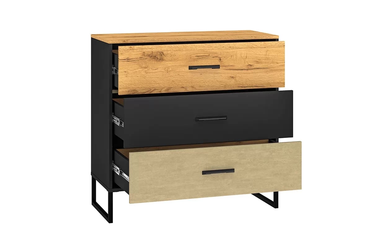 Komoda Kawana se zásuvkami na kovové podstavě - černá / dub craft / ocel premium Komoda s zásuvkami Colt 05 na kovové podstavě - Černý / craft Podstavec / ocel premium - wnetrze