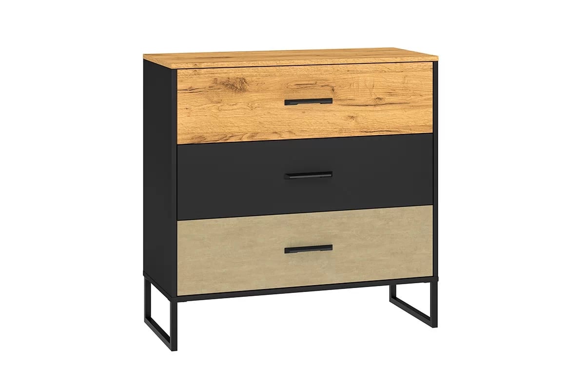 Komoda Kawana se zásuvkami na kovové podstavě - černá / dub craft / ocel premium Komoda s zásuvkami Colt 05 na kovové podstavě - Černý / craft Podstavec / ocel premium